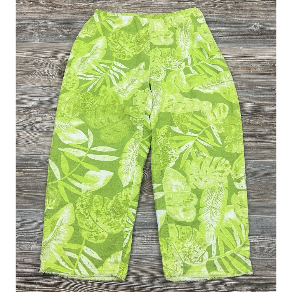 CA‎ Sport Women's L Linen Blend Cropped Pants Green Leaf Print Side Zip Beach